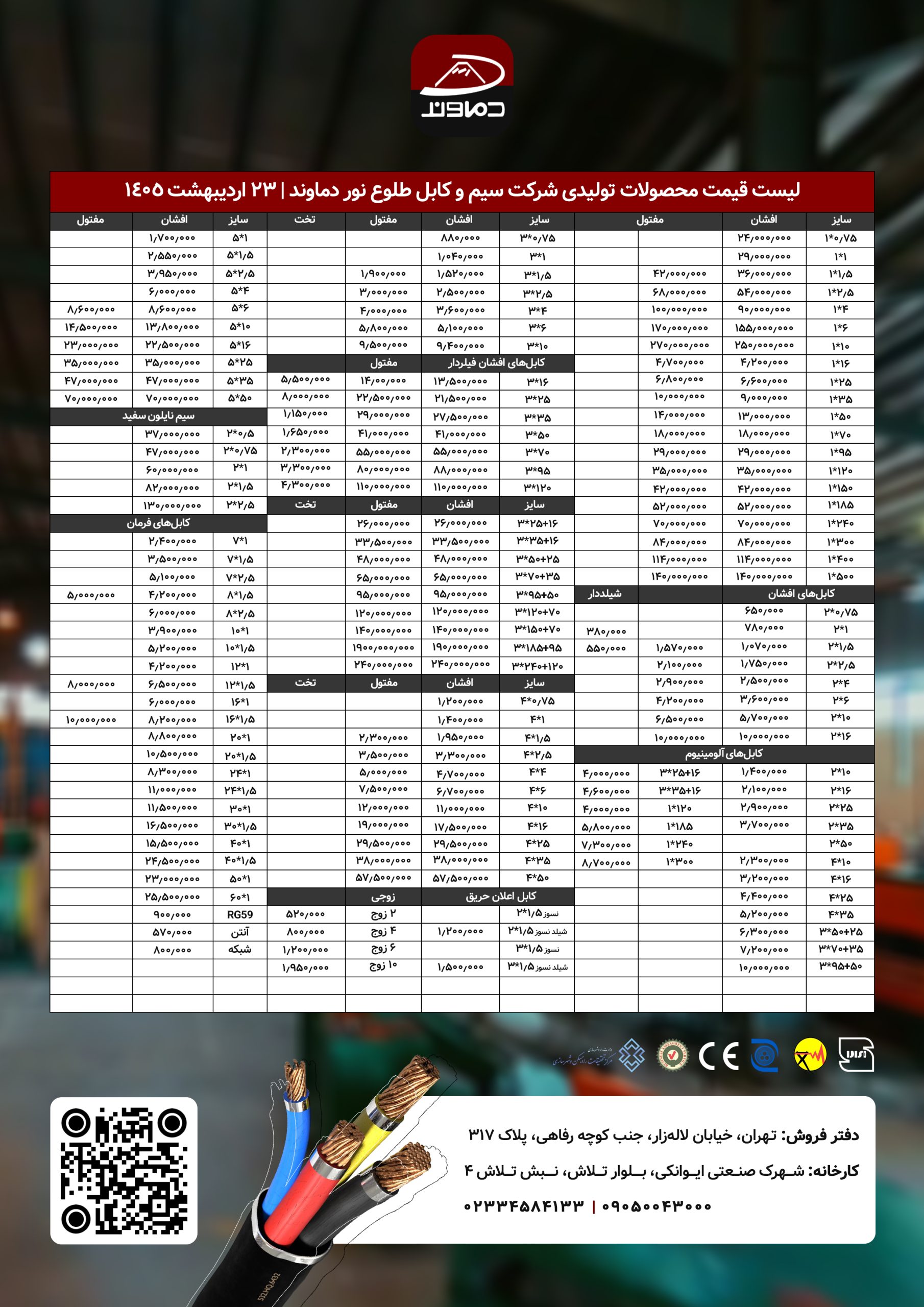 لیست قیمت سیم و کابل دماوند 23 اردیبهشت 1405